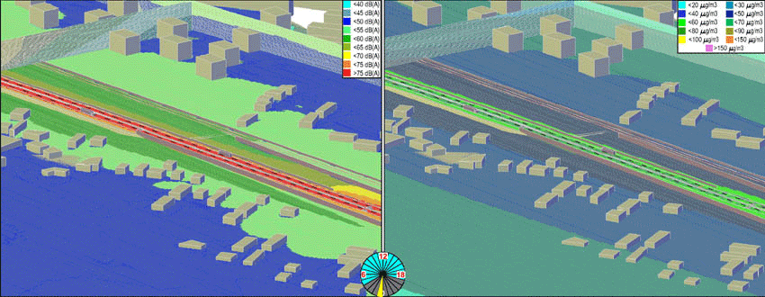 Example of a sample section of a road and surrounding buildings hourly traffic density, noise and NO<sub>2</sub> load's change. (left view)