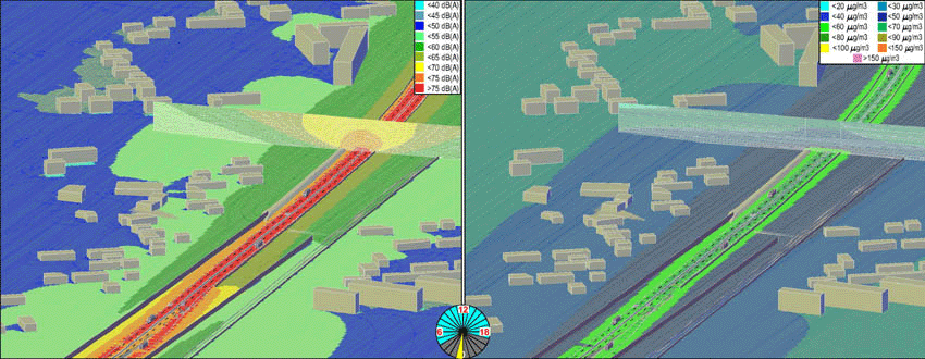 Example of a sample section of a road and surrounding buildings hourly traffic density, noise and NO<sub>2</sub> load's change. (right view)