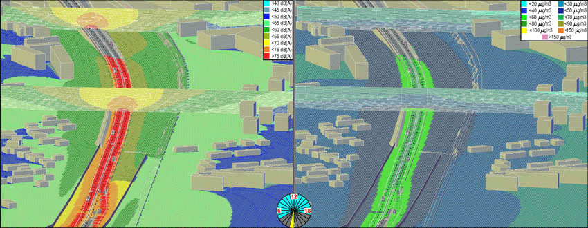 Example of a sample section of a road and surrounding buildings hourly traffic density, noise and NO<sub>2</sub> load's change. (center view)